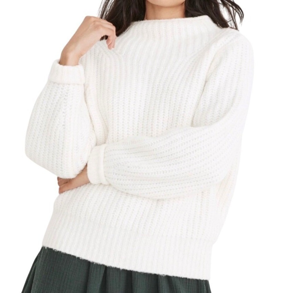 Madewell White Wool Blend Shaker Stitch Mock Neck Balloon Sleeve Sweater XS